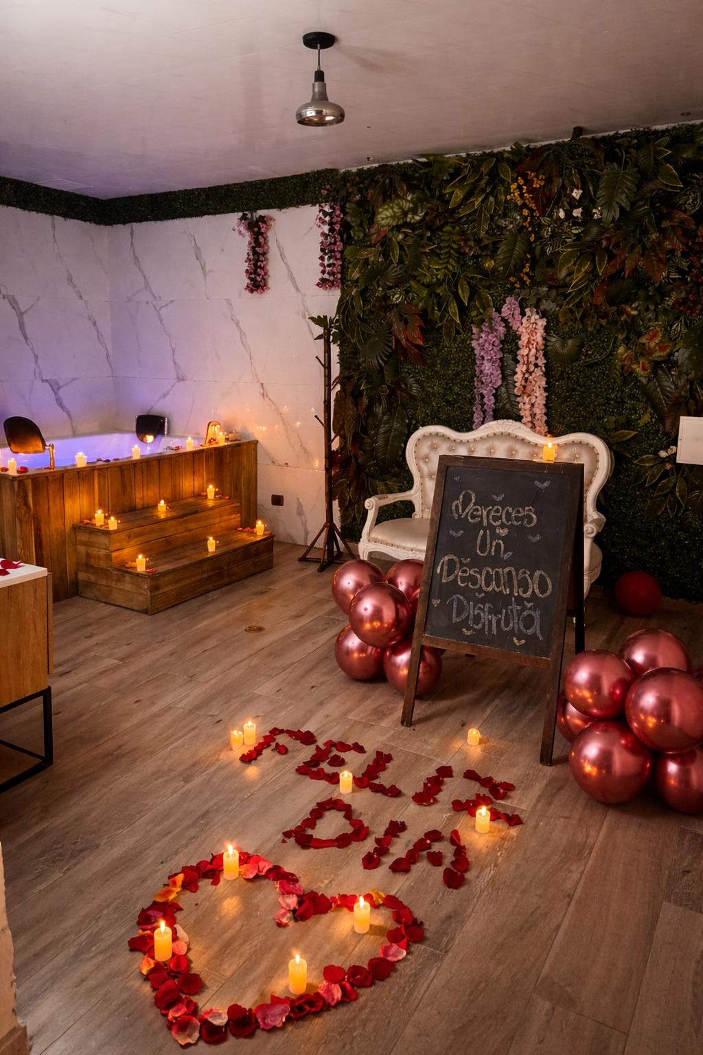 Sala con pétalos que dicen feliz día y globos
